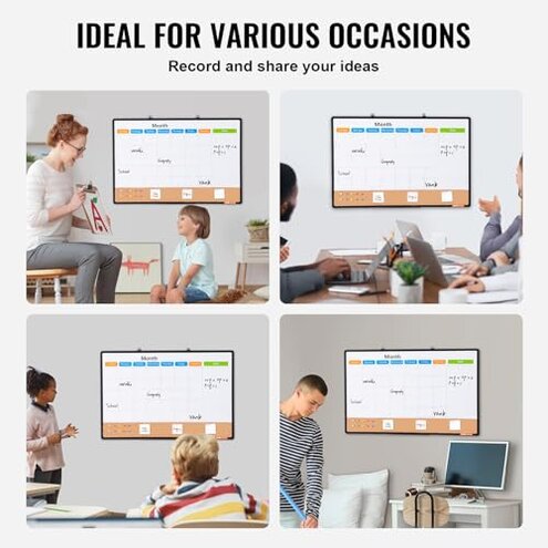 VEVOR 36"x 24" Monthly Calendar Whiteboard & Cork Board Combo with Aluminum Frame – 2-in-1 Magnetic Dry Erase Bulletin Board for Wall Mount – Ideal for School, Home, Office