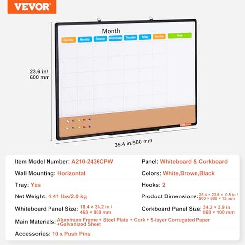 VEVOR 36"x 24" Monthly Calendar Whiteboard & Cork Board Combo with Aluminum Frame – 2-in-1 Magnetic Dry Erase Bulletin Board for Wall Mount – Ideal for School, Home, Office