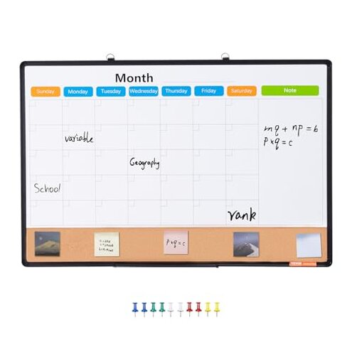 VEVOR 36"x 24" Monthly Calendar Whiteboard & Cork Board Combo with Aluminum Frame – 2-in-1 Magnetic Dry Erase Bulletin Board for Wall Mount – Ideal for School, Home, Office