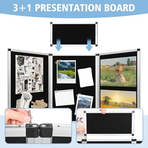 Nisorpa 3+1 Panel Folding Trade Show Presentation Board 70.8&ldquo; x 35.4&rdquo; Trifold Desktop Display Board with Carry Bag Large Metal Frame Tabletop Display 4 Panels-Black