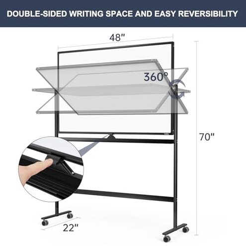 Dry Erase Whiteboard Easel on Wheels - TANKEE 48" x 32" Large Double Sided Mobile Whiteboard, Reversible Magnetic Rolling White Board for Home Office Classroom, Flip Chart Holders and Paper Pad