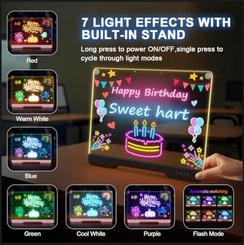 Portable LED Note Board with Colors, Rechargeable 16-inch 7 Light Effects Doodle Glow Memo Message Dry Erase Drawing Lumi Board With Stand for Gift/Classroom/Office/Kids, 5 Markers & Sketchbook