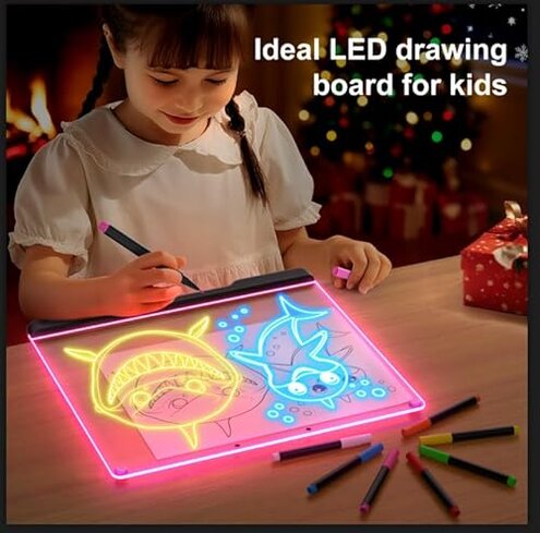 Portable LED Note Board with Colors, Rechargeable 16-inch 7 Light Effects Doodle Glow Memo Message Dry Erase Drawing Lumi Board With Stand for Gift/Classroom/Office/Kids, 5 Markers & Sketchbook