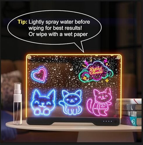 Portable LED Note Board with Colors, Rechargeable 16-inch 7 Light Effects Doodle Glow Memo Message Dry Erase Drawing Lumi Board With Stand for Gift/Classroom/Office/Kids, 5 Markers & Sketchbook