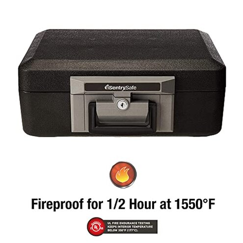 SentrySafe Fireproof Safe with Key Lock, Chest Lock Box for Home or Travel Secures Money, Documents, 0.18 Cubic Feet, 6.1 x 14.3 x 11.2 Inches, 1210