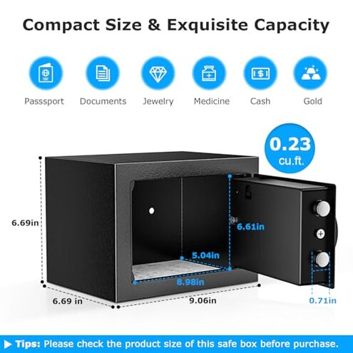 Bonsaii Safe Box with Electronic Keypad, Steel Security Lock Box with Key, 0.23 Cubic Feet, 9.06" W x 6.69" D x 6.69" H, Small Hidden Safe for Cash Jewelry