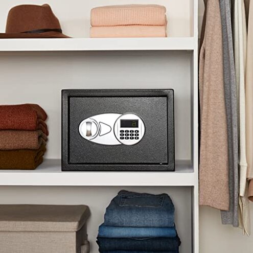 Amazon Basics Steel Security Safe and Lock Box with Electronic Keypad, for Cash, Jewelry, Documents, Black, 0.5 Cubic Feet, 13.8" W x 9.8" D x 9.8" H