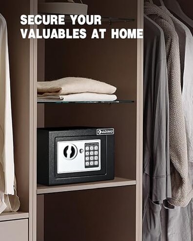 ADIMO Safe Box, Small Safe for College Dorm Room with Fireproof Waterproof Money Bag for Cash or Document, Keys &Pass Code, Home Money Box with Kits, 0.23CuFt Hidden Lockbox for Home Office Hotel