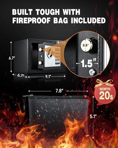 ADIMO Safe Box, Small Safe for College Dorm Room with Fireproof Waterproof Money Bag for Cash or Document, Keys &Pass Code, Home Money Box with Kits, 0.23CuFt Hidden Lockbox for Home Office Hotel