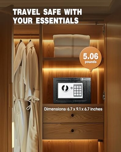 ADIMO Safe Box, Small Safe for College Dorm Room with Fireproof Waterproof Money Bag for Cash or Document, Keys &Pass Code, Home Money Box with Kits, 0.23CuFt Hidden Lockbox for Home Office Hotel