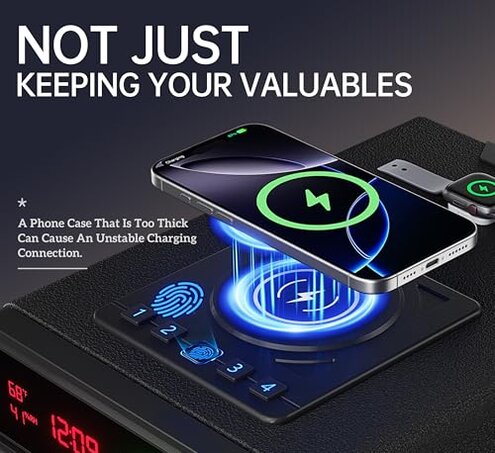 Biometric Smart Gun Safe with Wireless Charging for Phone&Watch, 3 Quick Access Stopbox with Fingerprint Backlit Keypad - Compact Bedside Drawer Safe with LED Light, 24/7 Digital Clock handgun safe