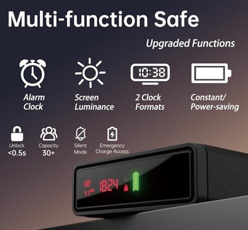 Biometric Smart Gun Safe with Wireless Charging for Phone&Watch, 3 Quick Access Stopbox with Fingerprint Backlit Keypad - Compact Bedside Drawer Safe with LED Light, 24/7 Digital Clock handgun safe
