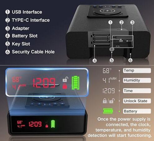 Biometric Smart Gun Safe with Wireless Charging for Phone&Watch, 3 Quick Access Stopbox with Fingerprint Backlit Keypad - Compact Bedside Drawer Safe with LED Light, 24/7 Digital Clock handgun safe