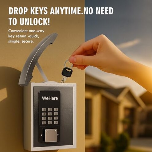 WeHere Key Lock Box Wall Mount with Key Drop Slot, Smart Digital Lockbox, OTP/APP Bluetooth/Wi-Fi/Fixed Code/Key Unlock, Key Safe Security Storage for House Outside, Realty Business, Apartment, Store