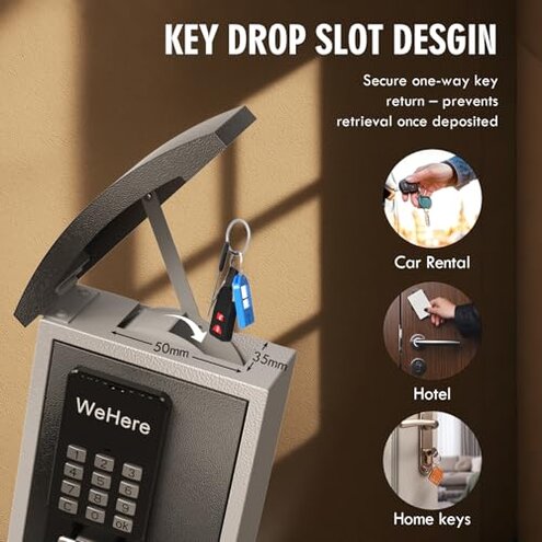 WeHere Key Lock Box Wall Mount with Key Drop Slot, Smart Digital Lockbox, OTP/APP Bluetooth/Wi-Fi/Fixed Code/Key Unlock, Key Safe Security Storage for House Outside, Realty Business, Apartment, Store