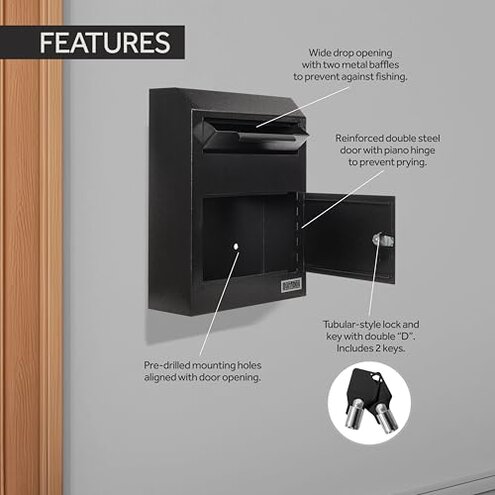 Durabox Drop Box Deposit Safe 12 x 4 x 15” Heavy Duty Steel Wall Mount Mailbox for Mail, Letters, Checks, Keys, Cash and more for Home, Office & Commercial Use (W500) (Black)