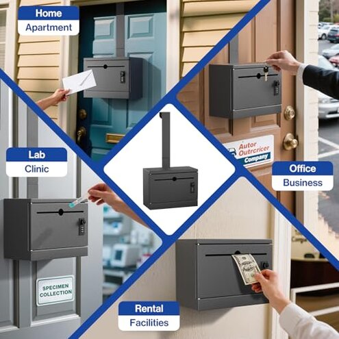 Pochar Over-the-Door Steel Specimen Container - Payment, Key, Night Drop Box - 6.5'' Height Adjustable, Removable Hinge for Wall Mount (Black)