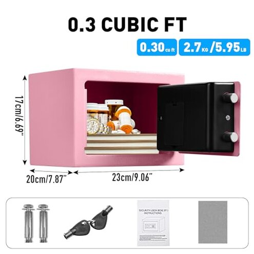 TOTOY Small Personal Safe Box 0.5 Cu Ft- Electronic Digital Security Safe Steel Construction Hidden with Key Lock, Wall or Cabinet Safety Box for Home Office Hotel Business Jewelry Gun Cash Money