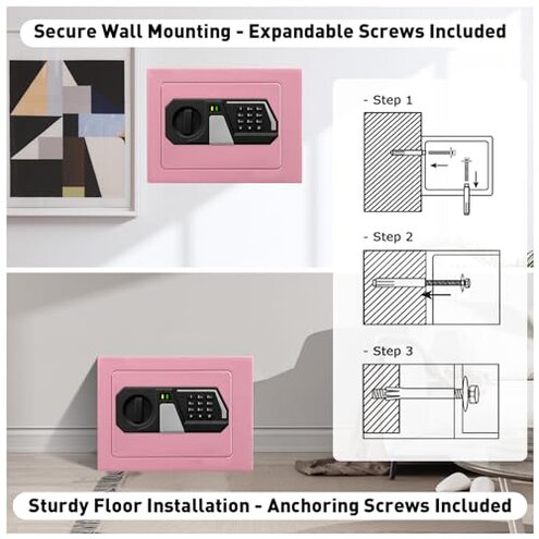 TOTOY Small Personal Safe Box 0.5 Cu Ft- Electronic Digital Security Safe Steel Construction Hidden with Key Lock, Wall or Cabinet Safety Box for Home Office Hotel Business Jewelry Gun Cash Money