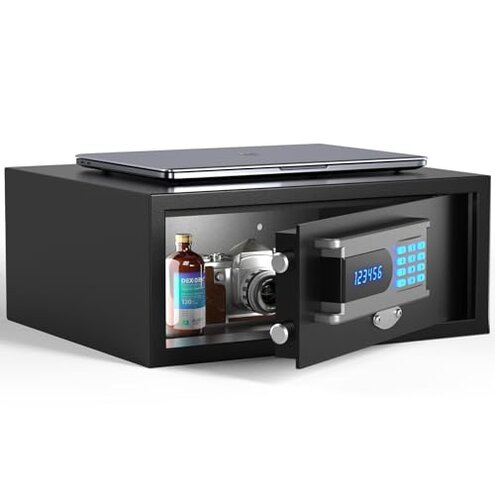 Grimtron Hotel Safe Box (1.07 cu. ft.) with Audit Function, Administrator Password, College Dorm Safe with Silent Mode, LED, and Backlit Keyboard for Documents, Laptop Safe for IPhone, Smart Watch