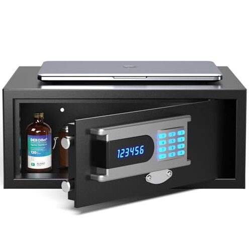 Grimtron Hotel Safe Box (1.07 cu. ft.) with Audit Function, Administrator Password, College Dorm Safe with Silent Mode, LED, and Backlit Keyboard for Documents, Laptop Safe for IPhone, Smart Watch