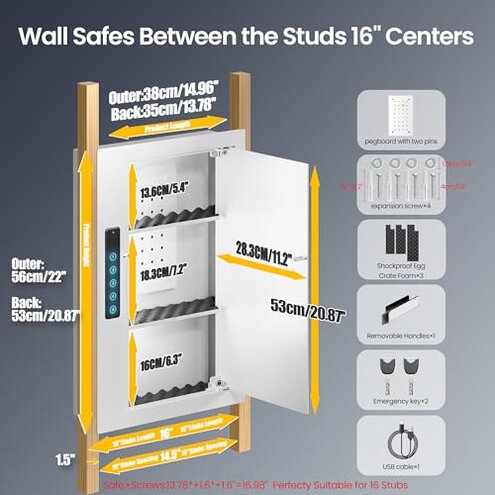 Grimtron Quick Access White Wall Safe with Removable Pegboard & Shelfs, Flat Hidden In Wall Safes Between the Studs 16" Centers, Wall Mount Safe for Cash, Valuables, Document