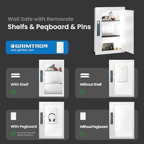 Grimtron Quick Access White Wall Safe with Removable Pegboard & Shelfs, Flat Hidden In Wall Safes Between the Studs 16" Centers, Wall Mount Safe for Cash, Valuables, Document