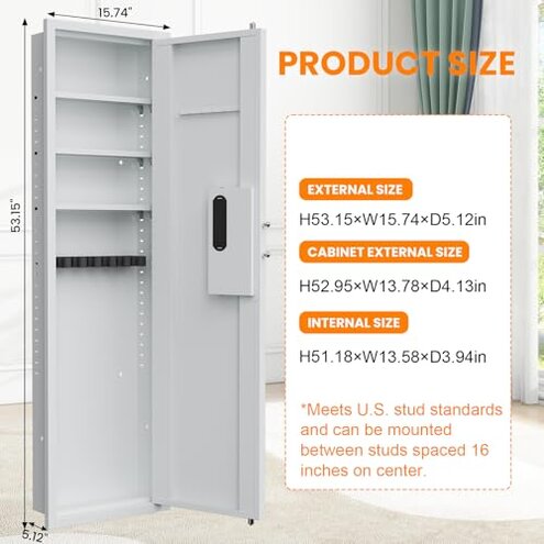 Omethey 53.15" Wall Safe Between the Studs, Hidden Safe with Dual Alarm System and Silent Mode, Wall Gun Safe with 3 Adjustable Shelves and Magnetic Slot (Black-Digital)