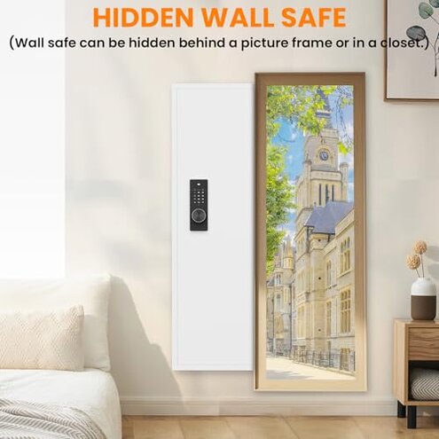 Omethey 53.15" Wall Safe Between the Studs, Hidden Safe with Dual Alarm System and Silent Mode, Wall Gun Safe with 3 Adjustable Shelves and Magnetic Slot (Black-Digital)