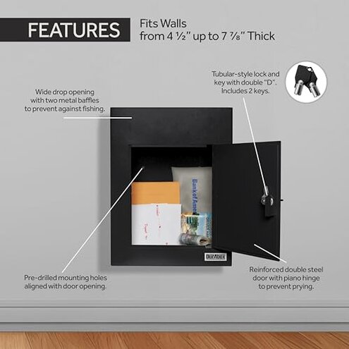 Durabox Through-The-Wall Drop Box Deposit Safe 17 x 13 x 7 - Heavy Duty Steel Mailbox with Lock for Receiving Mail, Checks, Letters, Cash and More for Home, Office and Commercial Use (D700) (Black)