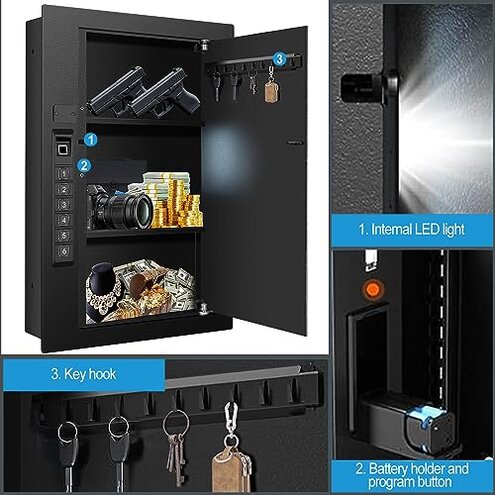 Wall Safe, Hidden Fingerprint Security wall Safe, In Wall Safe Between Studs, Upgraded Biometric/Keypad/Key Access, Secure Handgun, Documents, Jewelry, Valuables (Biometric Fingerprint)