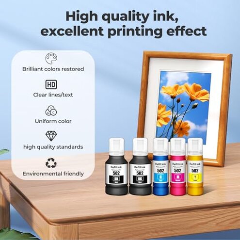 502 Ink Refill Bottles ET-2850 ET-3760 ET-3850 Replacement for 502 Ink Bottles (5 Pack) for ET 2850 ET 3850 ET-4850 ET-2760 ET3760 2850 ET-4760 ET-3830 ET-3843 ET-2750 ET-3750 ET4750 ET-15000 Printer