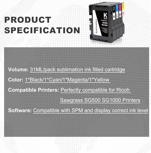 AYMSous SG500 SG1000 Sublimation Ink Cartridge Latest Upgraded Chip Compatible for Sawgrass Virtuoso SG500 SG1000 Printer Compatible with All Firmware Versions(1 Black, 1 Cyan, 1 Magenta, 1 Yellow)