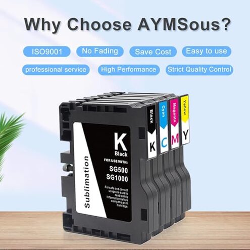 AYMSous SG500 SG1000 Sublimation Ink Cartridge Latest Upgraded Chip Compatible for Sawgrass Virtuoso SG500 SG1000 Printer Compatible with All Firmware Versions(1 Black, 1 Cyan, 1 Magenta, 1 Yellow)