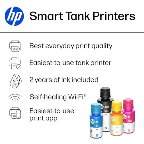 HP Smart Tank 7301 Wireless All-in-One Ink Tank Printer, Scanner, Copier with 2 years of ink included, Best-for-home office, Cartridge-free Refillable, AI-enabled (28B70A)