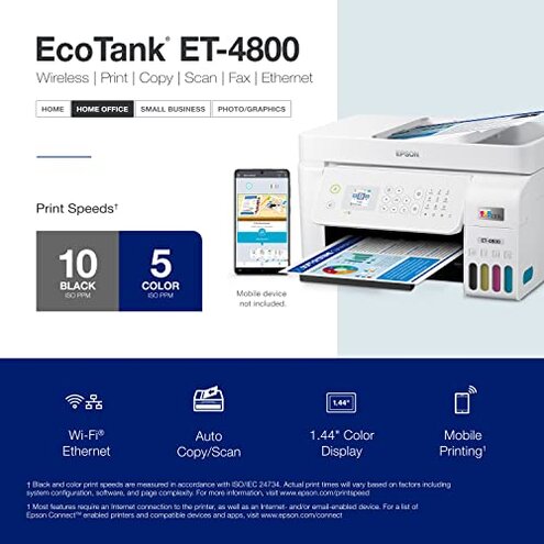 Epson EcoTank ET-4800 Wireless All-in-One Cartridge-Free Supertank Printer with Scanner, Copier, Fax, ADF and Ethernet &ndash; Ideal-for Your Home Office, White