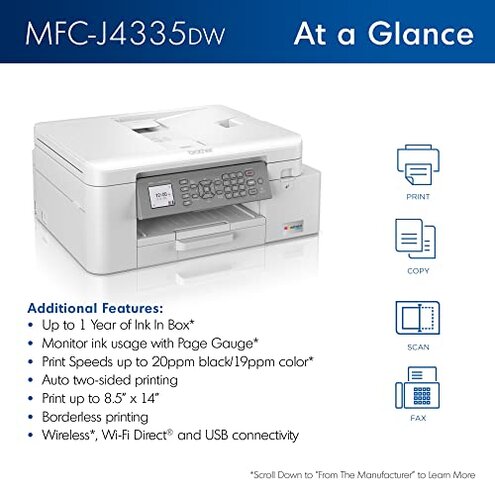 Brother MFC-J4335DW INKvestment Tank Wireless All-in-One Color Inkjet Printer, Up to 1-Year of Ink in-Box, Duplex Printing, Mobile and Cloud Print, Works with Alexa