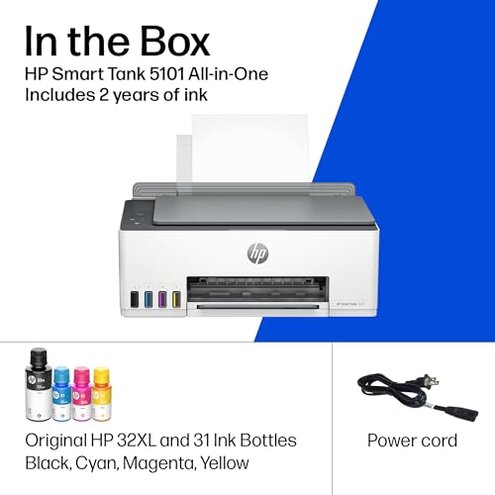 HP Smart Tank 5101 Wireless All-in-One Refillable Printer, Scanner, Copier with 2 years of Ink included, Wireless printer-for-home use (1F3Y0A)