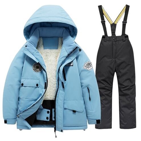 Boys Girls Ski Overall Set Zipper Thermal Hoodie Jacket Windproof Winter Warm Pants Set Waterproof (Black, 10-11 Years)
