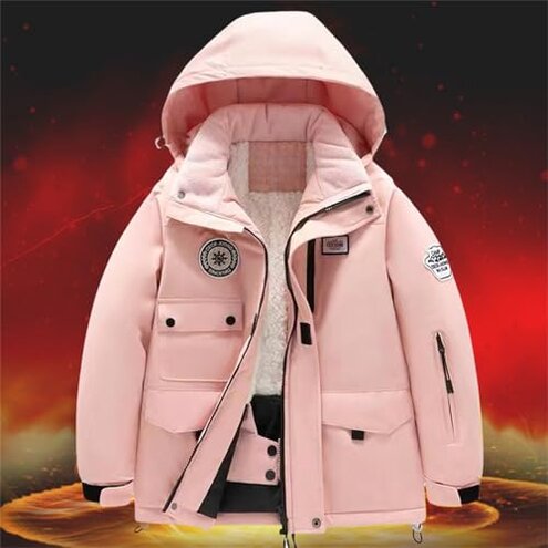 Ski Overall Pants Set for Boys Girls Zipper Cute Hoodie Thermal Ski Jacket Waterproof Clothes Set (Blue, 7-8 Years)