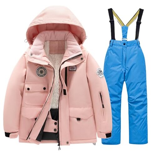 Ski Overall Pants Set for Boys Girls Zipper Cute Hoodie Thermal Ski Jacket Waterproof Clothes Set (Blue, 7-8 Years)