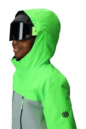 686 Boy's Geo Insulated Jacket - Breathable Thermal Clothing with Asymmetrical Look - Water & Weather Resistant - Borealis Green Colorblock, Large