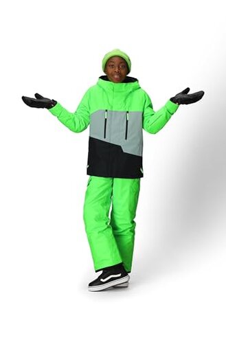 686 Boy's Geo Insulated Jacket - Breathable Thermal Clothing with Asymmetrical Look - Water & Weather Resistant - Borealis Green Colorblock, Large