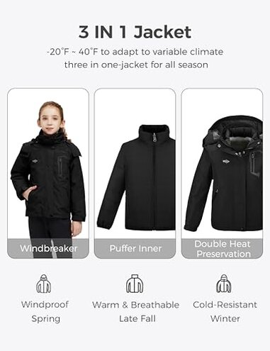 wantdo Big Girl's Interchange Waterproof Outdoor Ski Jacket Insulated Warm Coat Black 10-12