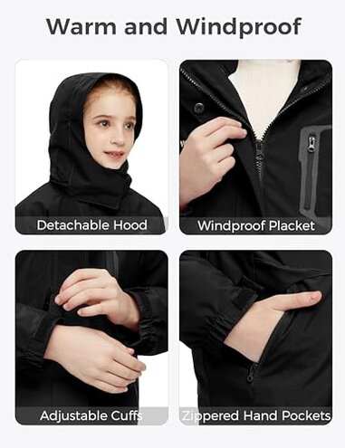 wantdo Big Girl's Interchange Waterproof Outdoor Ski Jacket Insulated Warm Coat Black 10-12
