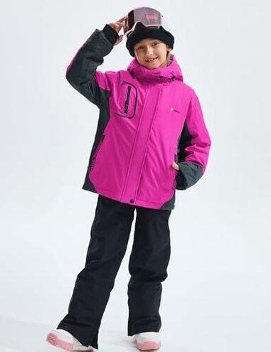 GEMYSE Girl's Waterproof Ski Snow Jacket Fleece Windproof Winter Jacket with Hood (Rose Red Grey,6/7)