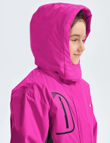 GEMYSE Girl's Waterproof Ski Snow Jacket Fleece Windproof Winter Jacket with Hood (Rose Red Grey,6/7)