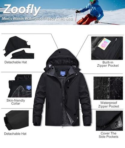 Zoofly Ski Jackets Mens Thermal Water Proof Winter Coats for Men Windproof Snow Sports Jacket with Hooded Black XL