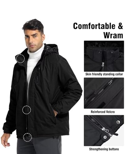 Zoofly Ski Jackets Mens Thermal Water Proof Winter Coats for Men Windproof Snow Sports Jacket with Hooded Black XL