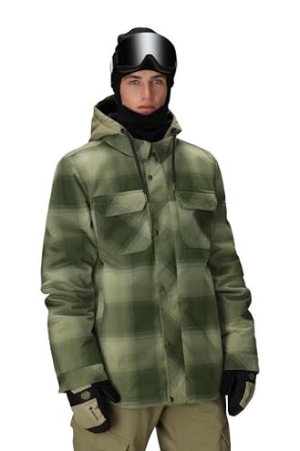 686 Men's Woodland Insulated Jacket - Winter Clothing with Removable Hood & Ski Pass Pocket - Water & Weather Resistant - Sage Plaid, Large